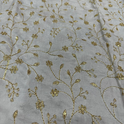 White Floral Embroidered Dyeable Viscose Dola Silk Fabric