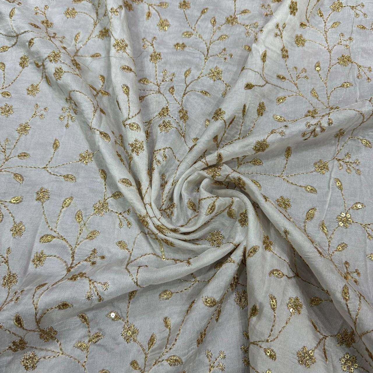 White Floral Embroidered Dyeable Viscose Dola Silk Fabric