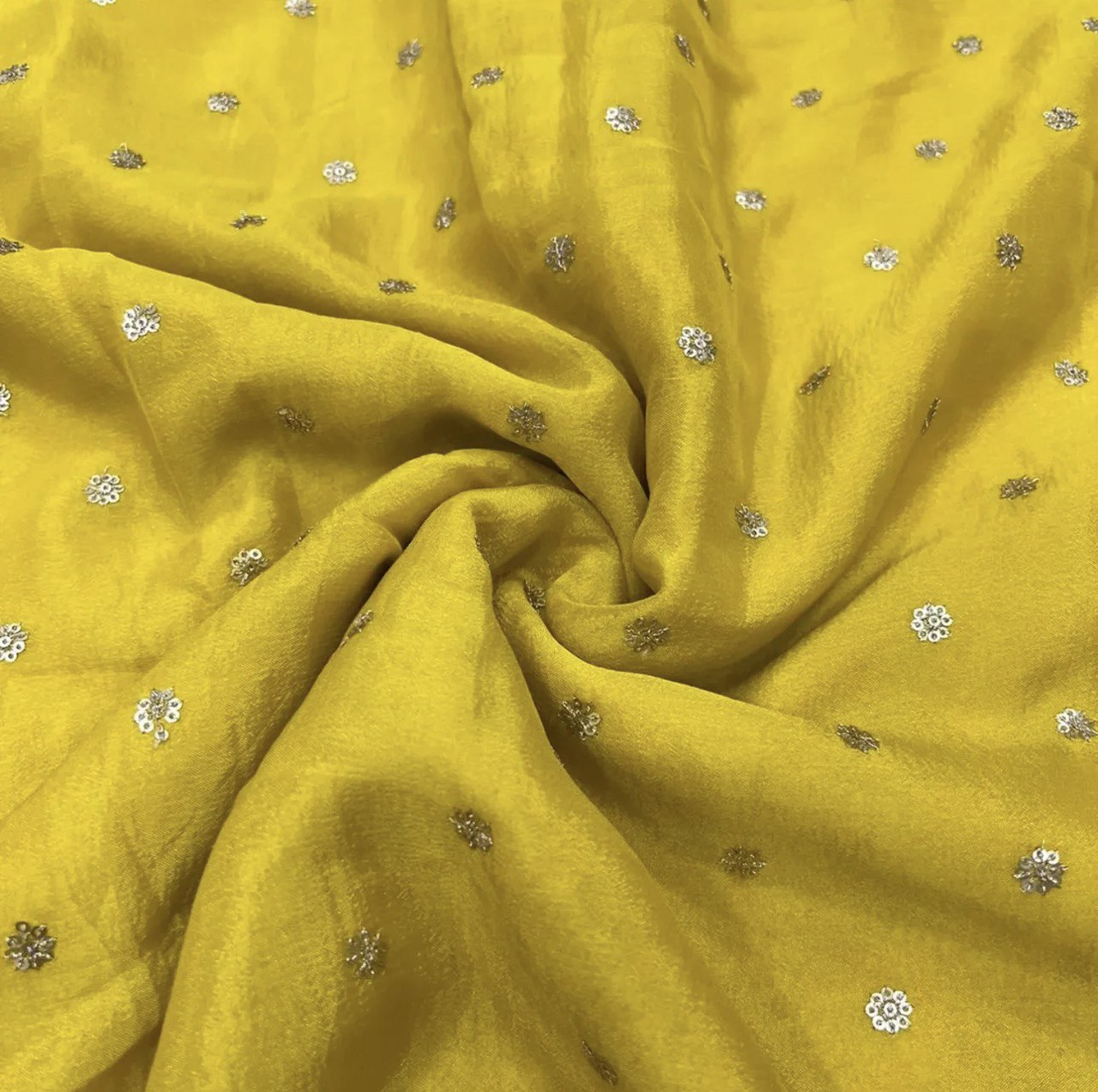 Olive Yellow Flower Butti Embroidered Viscose Chinon Chiffon Fabric (Wholesale)