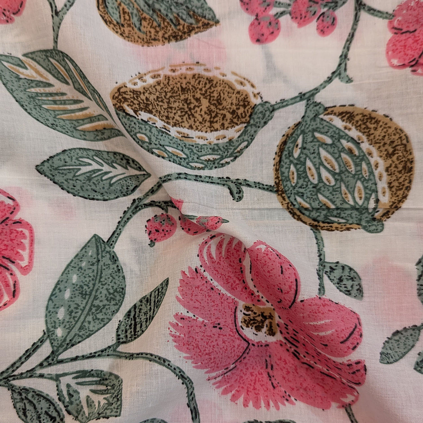 Pink & Green Florals Leaves Printed Cotton Fabric