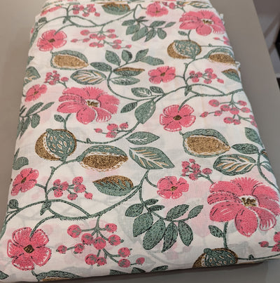 Pink & Green Florals Leaves Printed Cotton Fabric