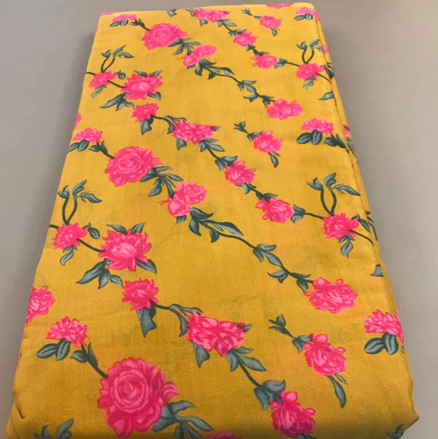 Pink Floral Yellow Muslin Silk Fabric