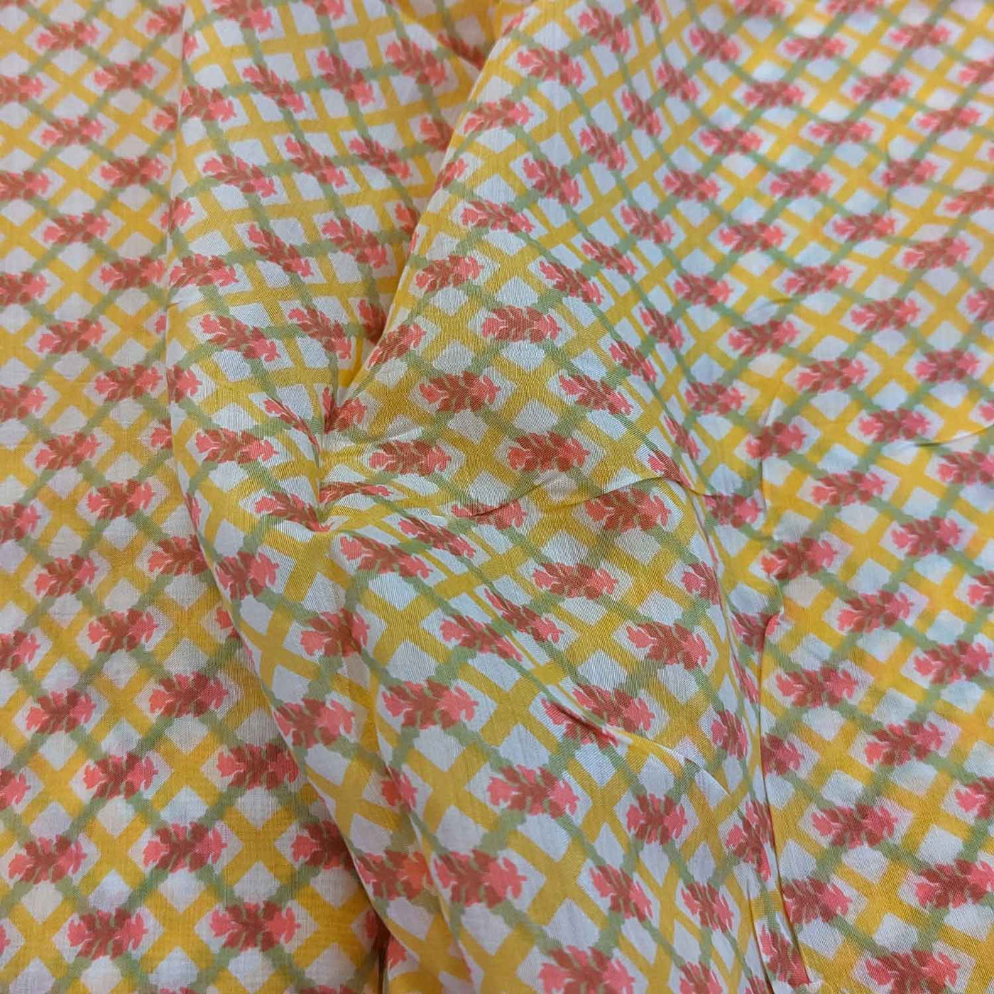 Yellow & Green Floral Muslin Silk Fabric (Wholesale)