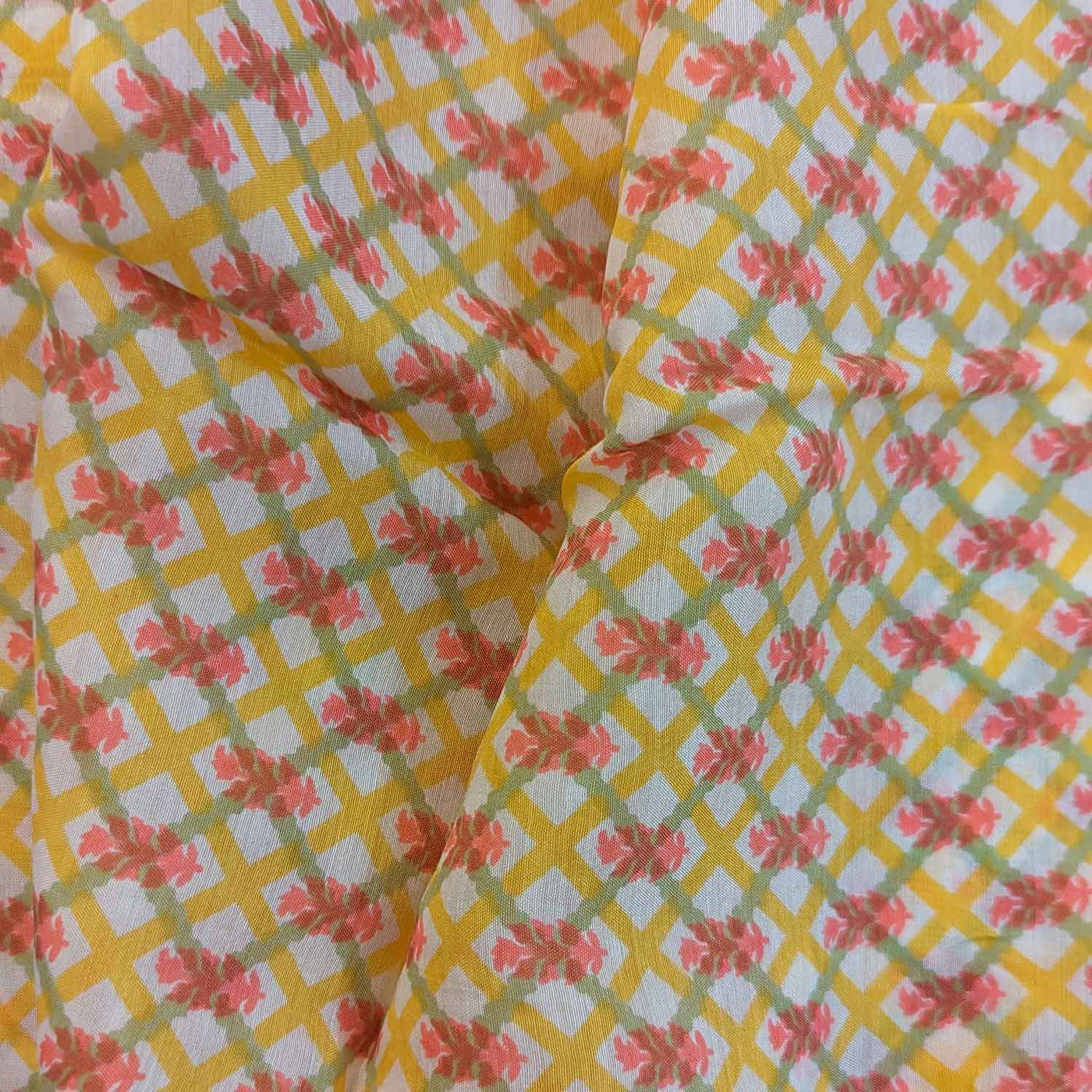 Yellow & Green Floral Muslin Silk Fabric (Wholesale)