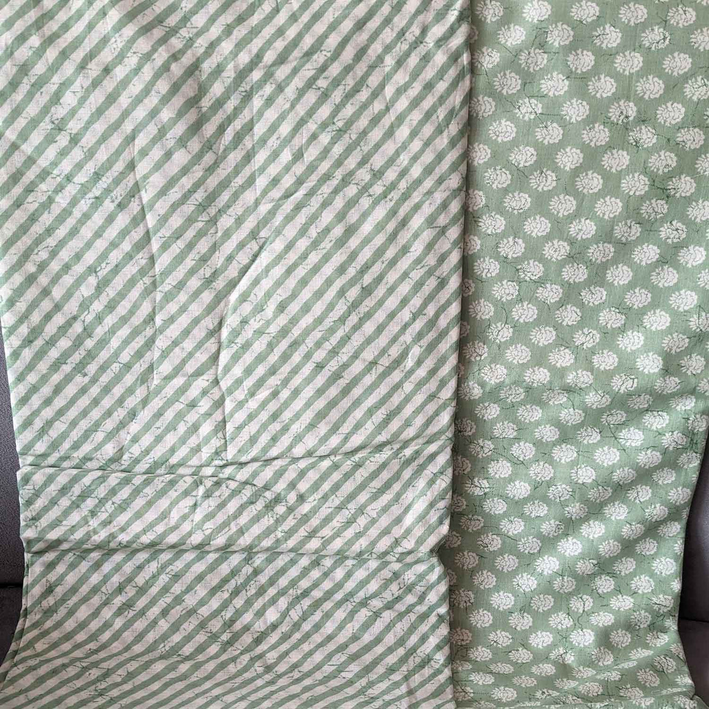 Green & White Motifs / Stripes Cotton Fabric Combo