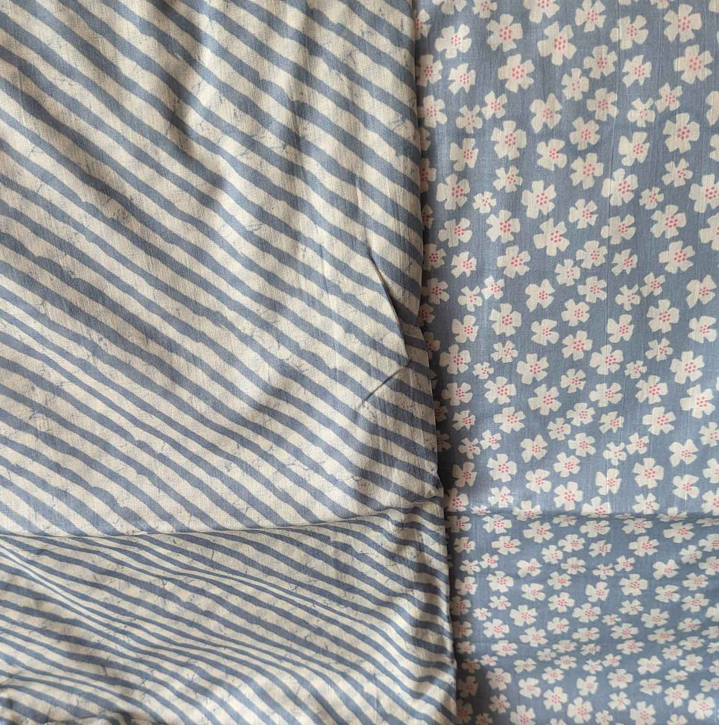 Blue & White Floral / Stripes Cotton Fabric Combo