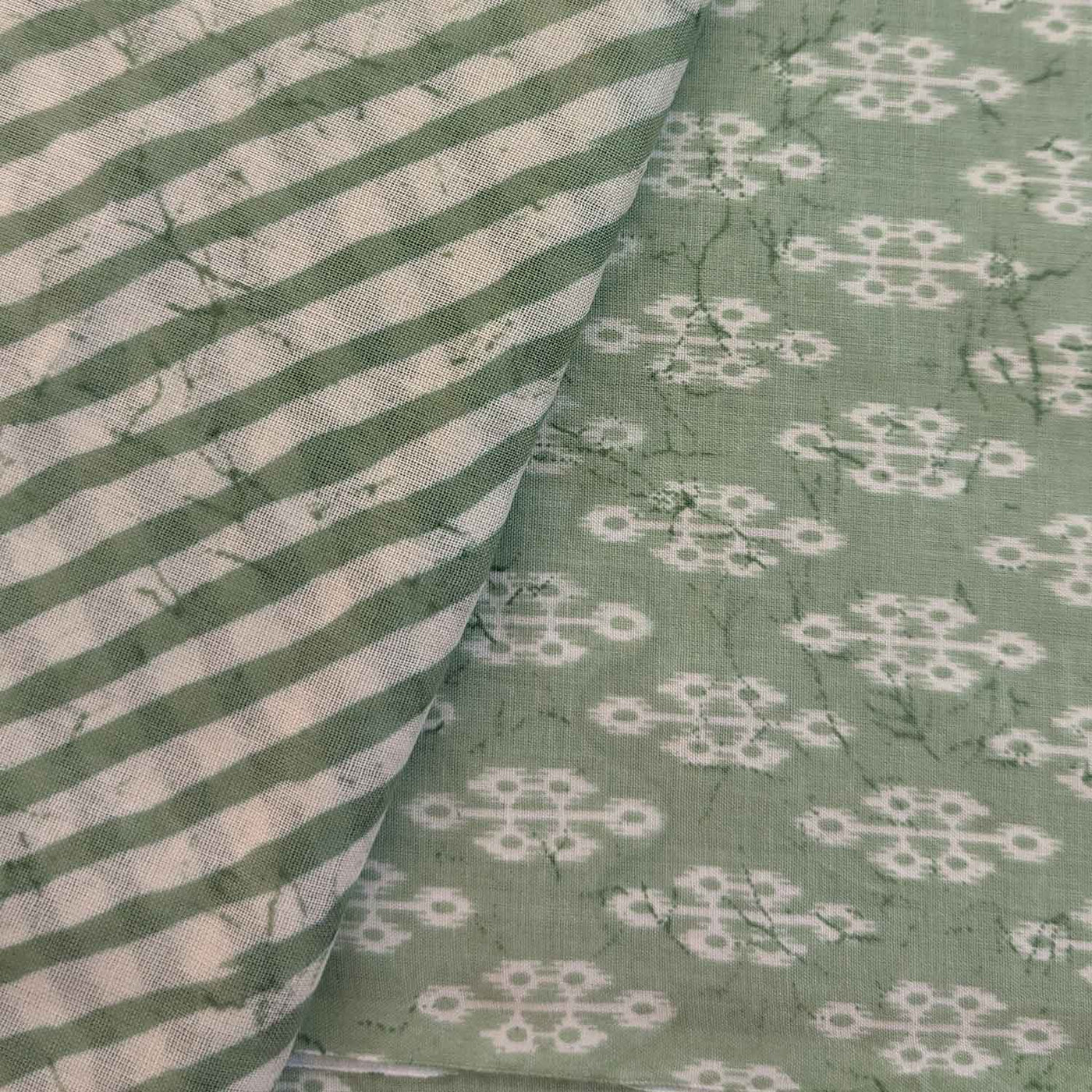 Green & White Motifs / Stripes Cotton Fabric Combo