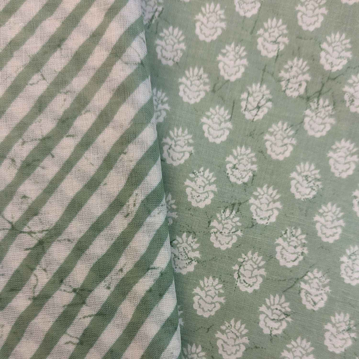 Green & White Motifs / Stripes Cotton Fabric Combo