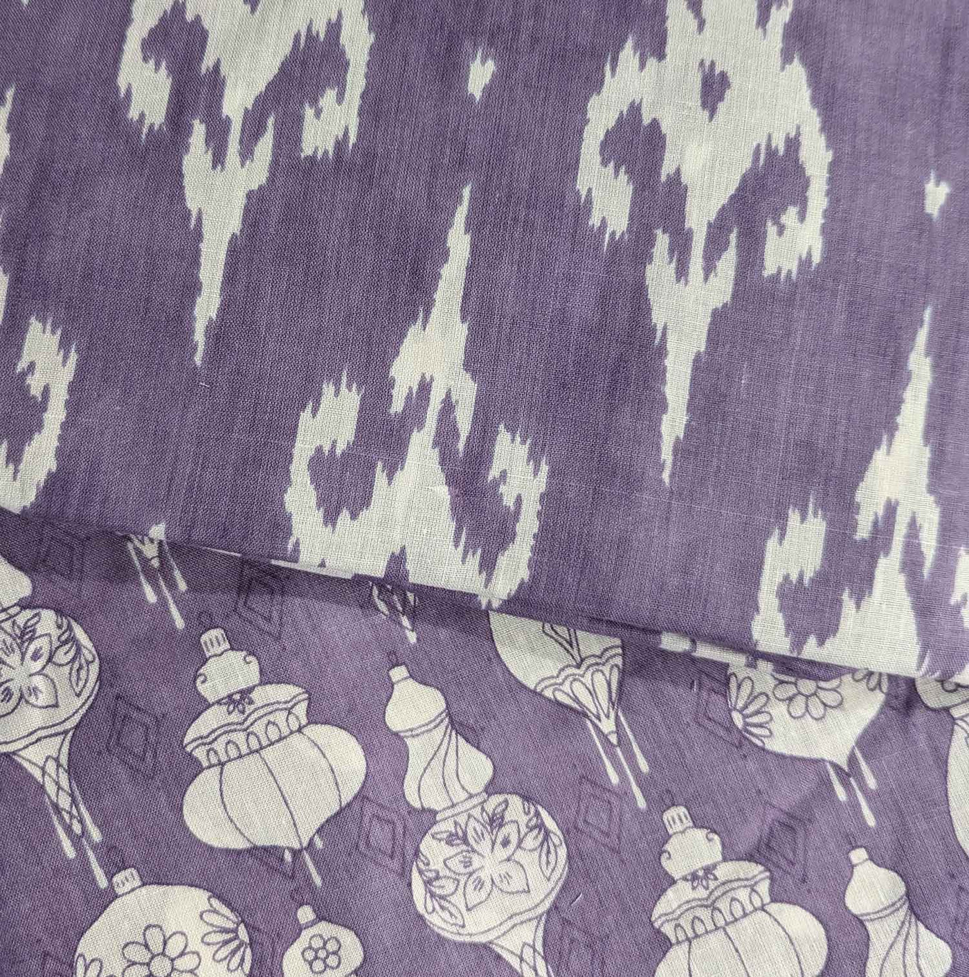 Violet & White Traditional / Motifs Ikat Cotton Fabric Combo