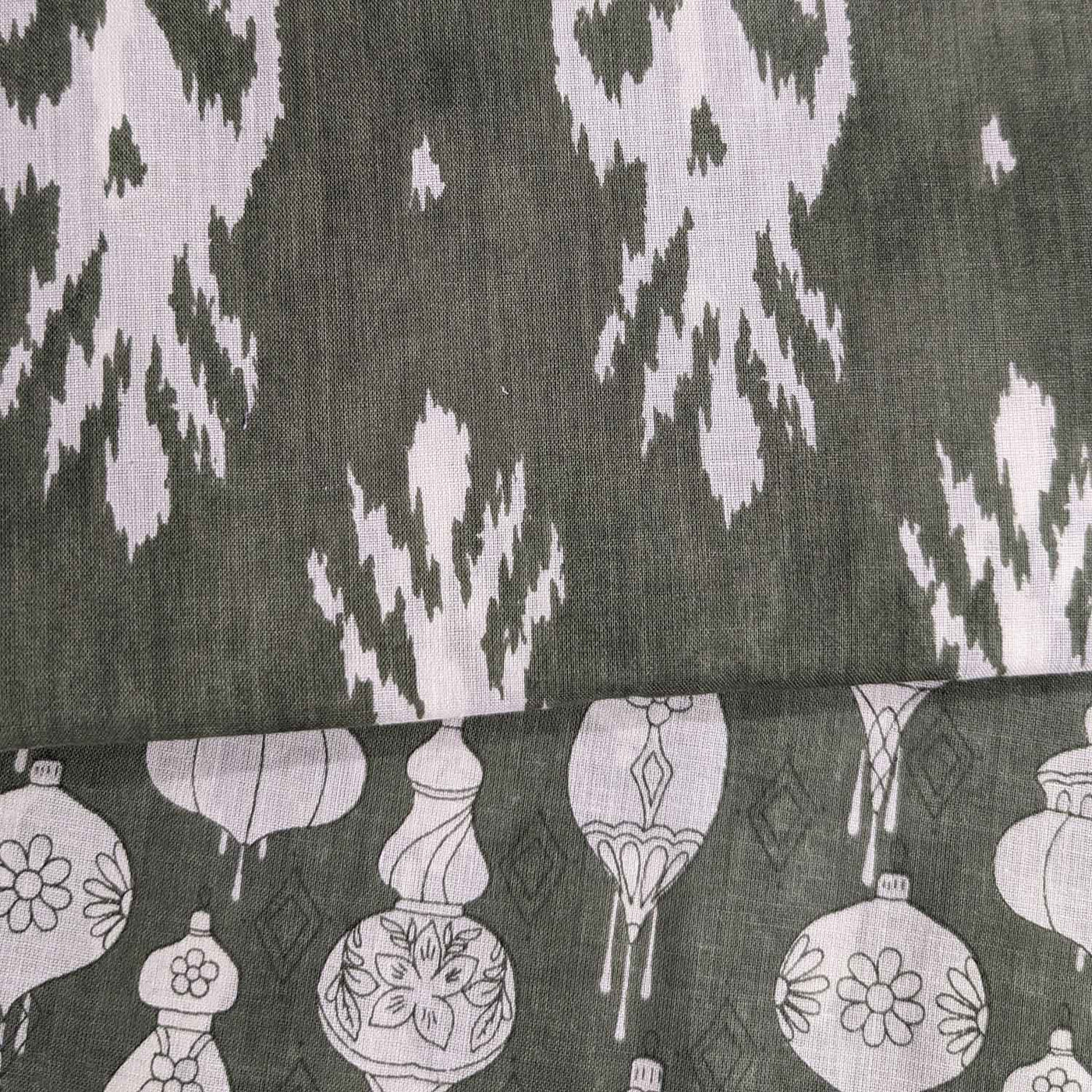 Green & White Traditional / Motifs Ikat Cotton Fabric Combo