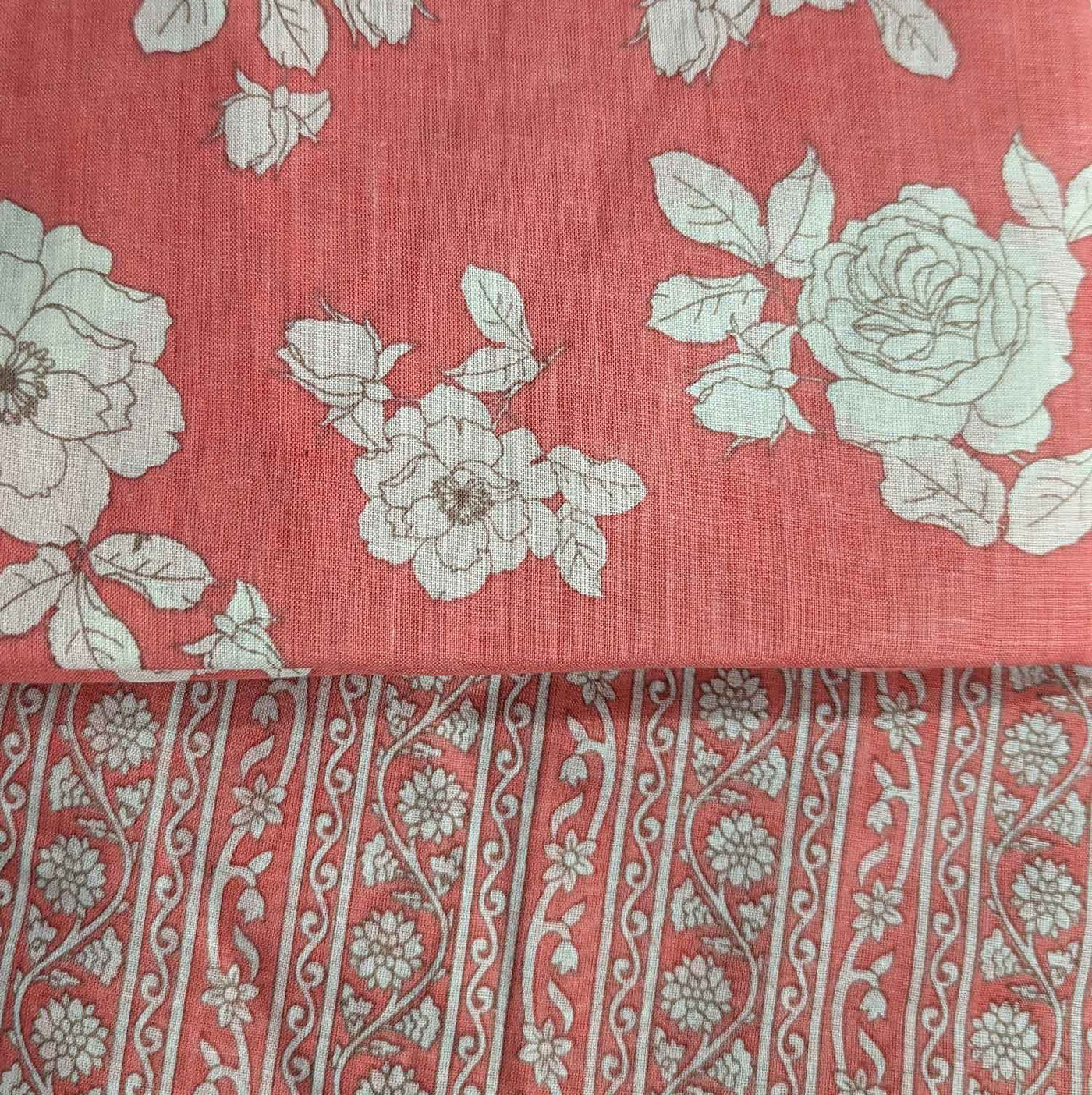 Peach & White Floral / Traditional Cotton Fabric Combo