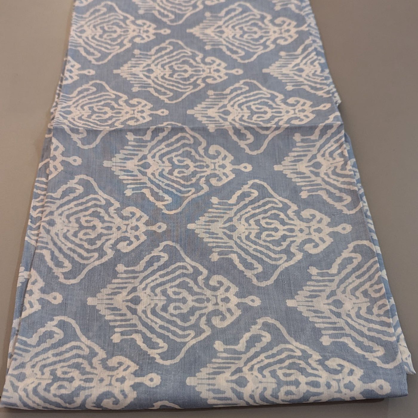 Precut Of 2.5 Meters Of Sky Blue & Cream Traditional Ikat Printed Muslin Silk Fabric