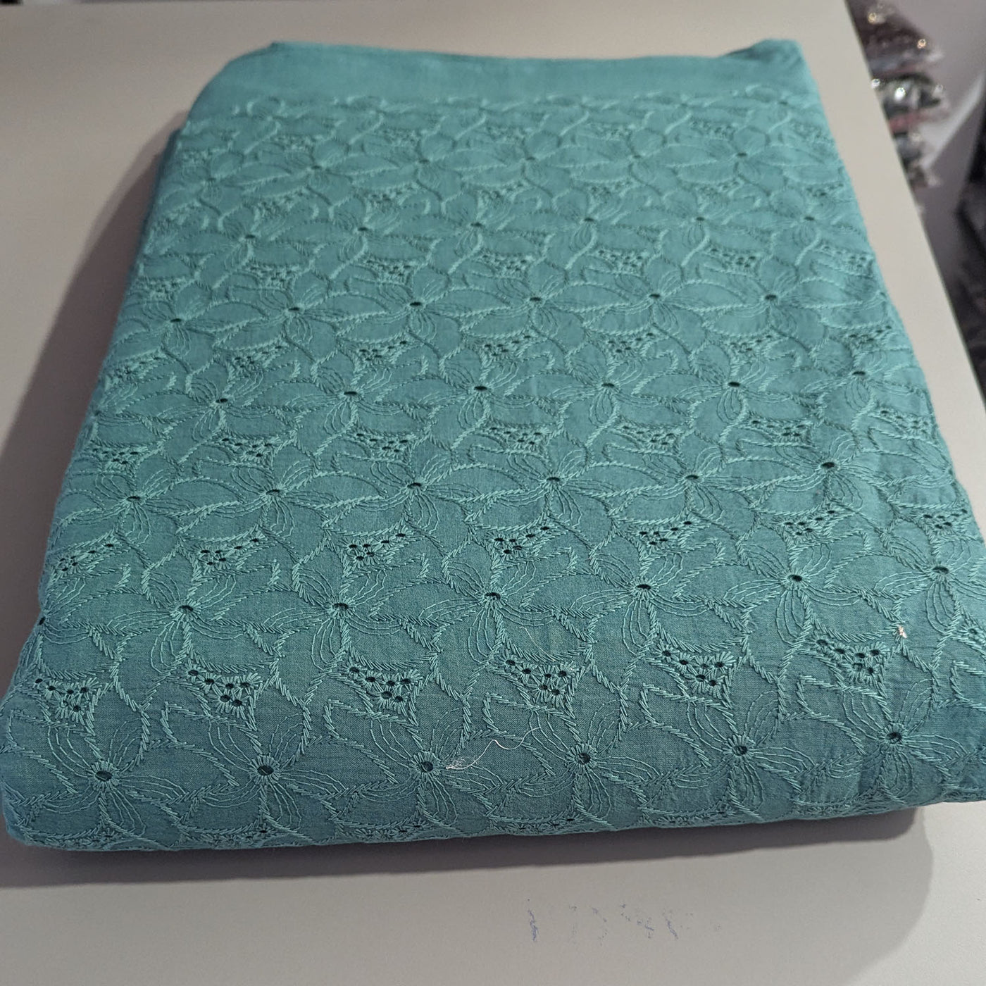 Teal Green Floral Hand Dyed Cotton Embroidered Schiffli Fabric