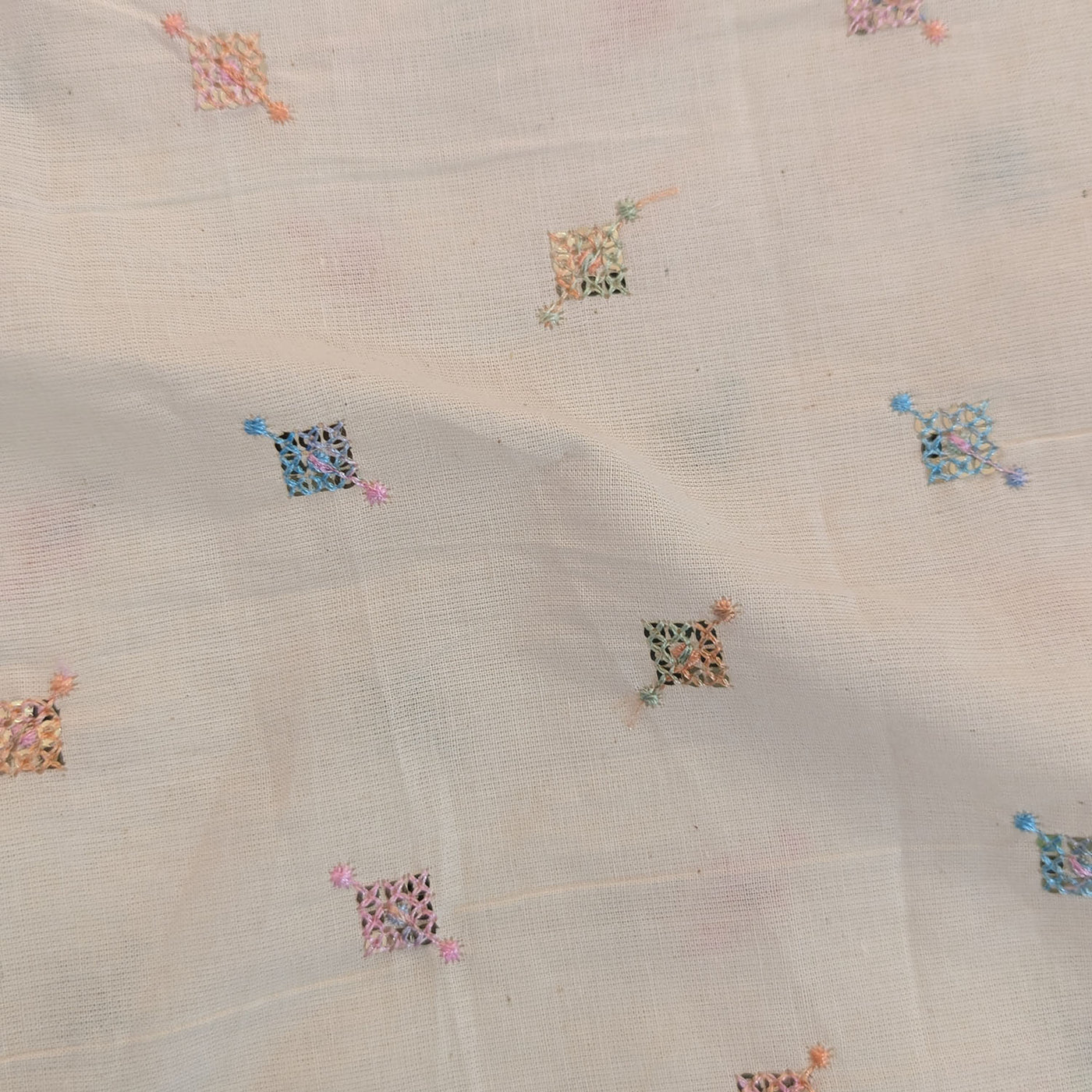 White Multicolor Embroidered Motifs Natural Cotton Fabric