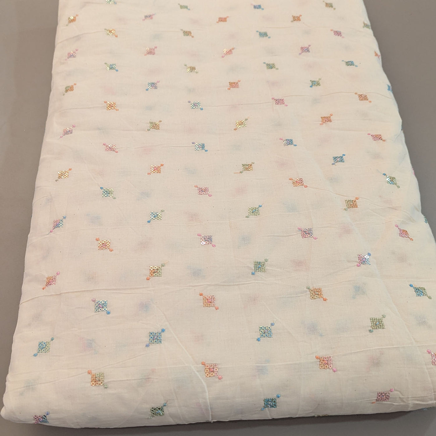 White Multicolor Embroidered Motifs Natural Cotton Fabric