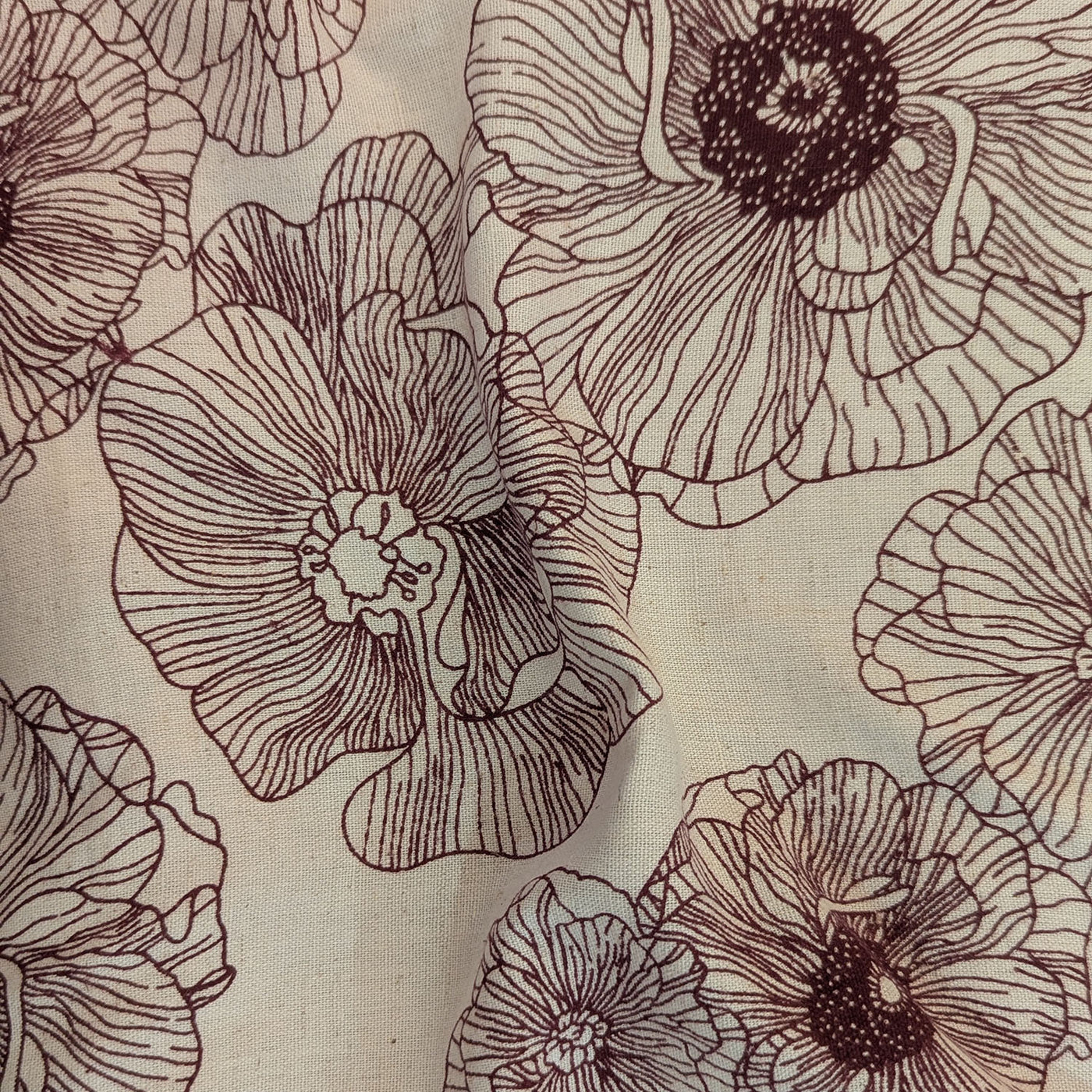 Off White & Maroon Floral Line Art Cotton Flex Fabric
