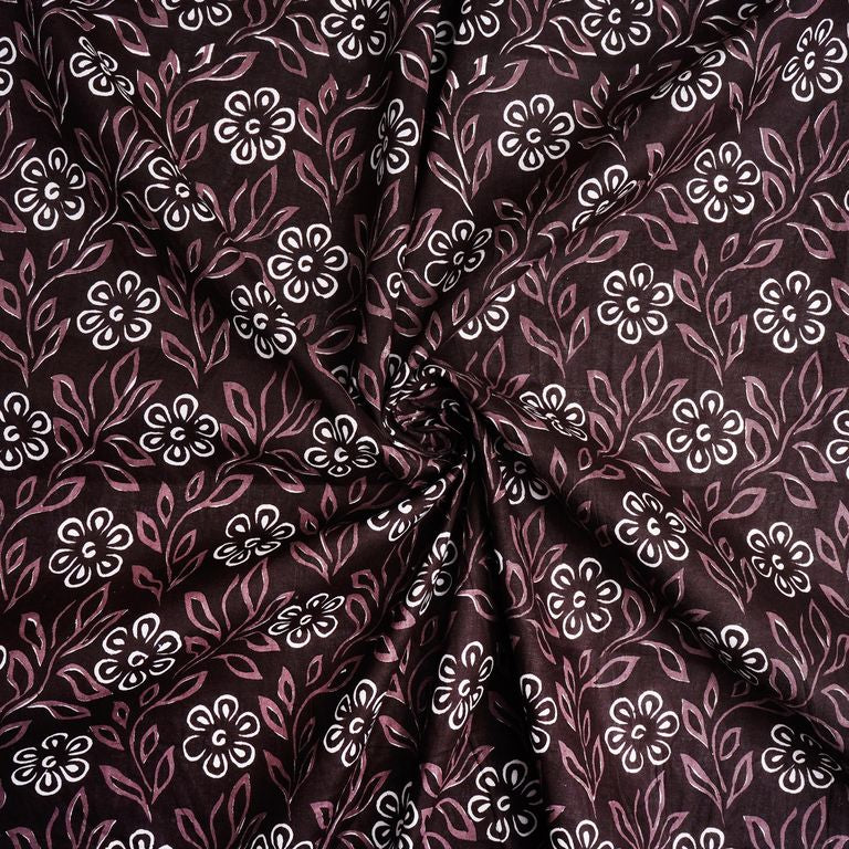 Brown & White Floral Printed Pure Cotton Fabric