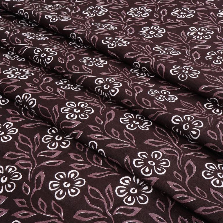 Brown & White Floral Printed Pure Cotton Fabric