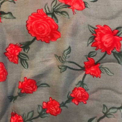 Red Floral Gray Muslin Silk Fabric