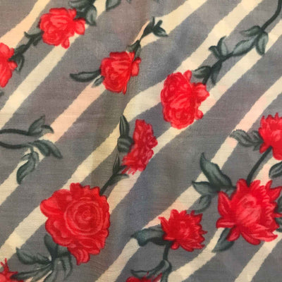 Red Floral White Lines Gray Muslin Silk Fabric