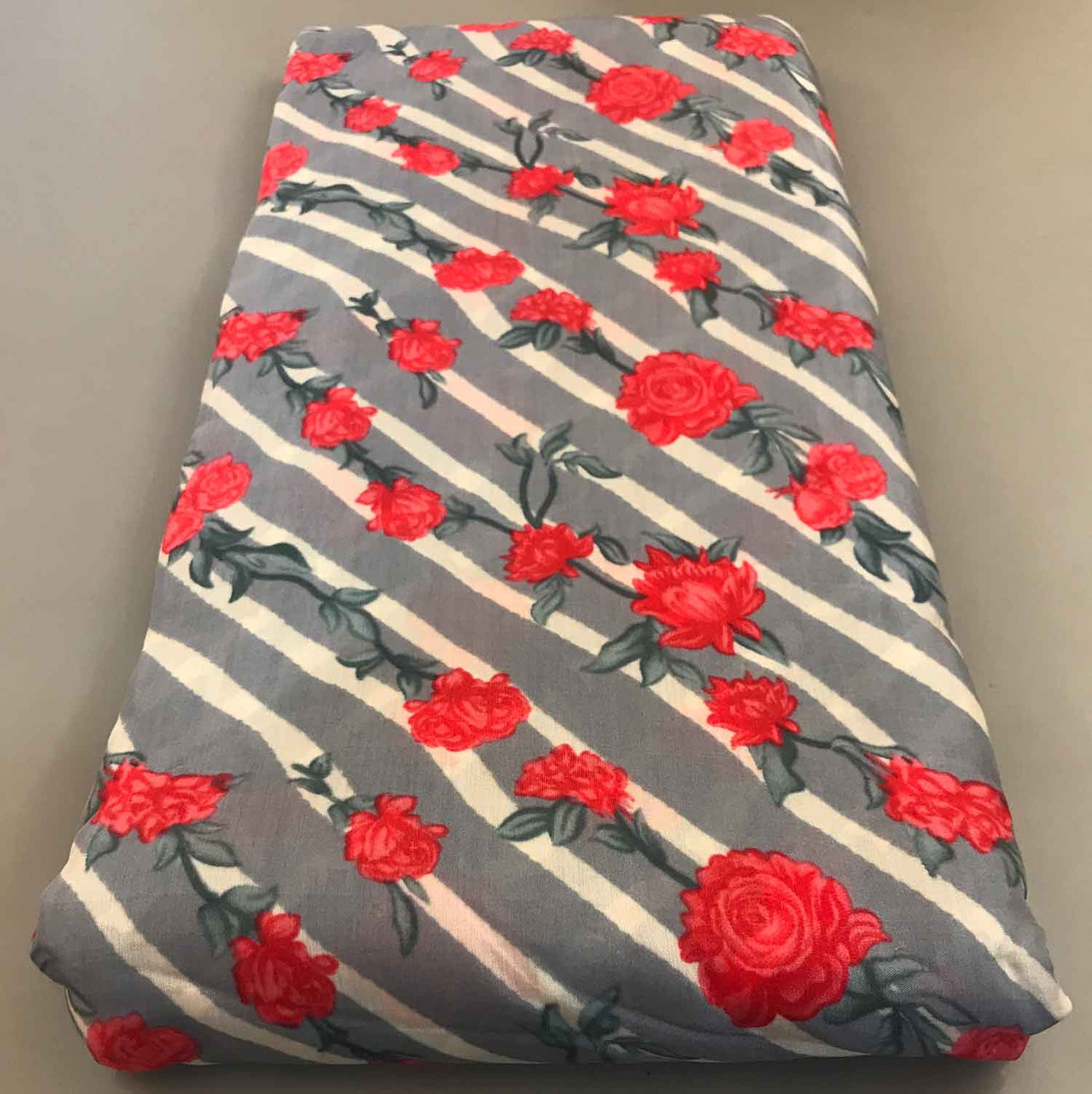 Red Floral White Lines Gray Muslin Silk Fabric