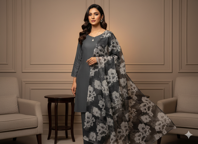Black Floral Digital Printed Liquid Organza Fabric
