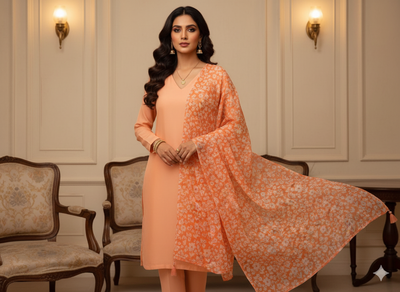 Orange Floral Digital Printed Liquid Organza Fabric