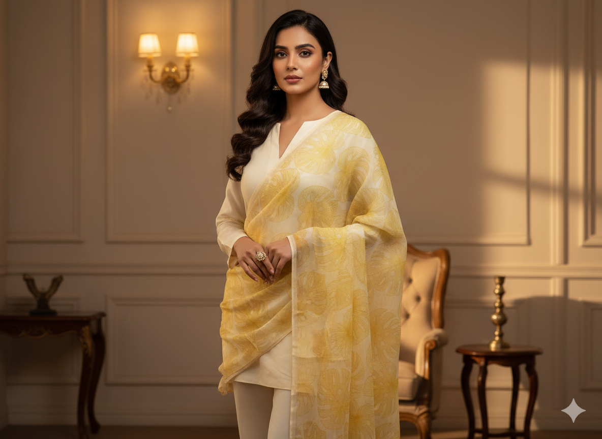 Mustard Yellow Leaf Digital Printed Liquid Organza Fabric