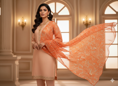 Orange Abstract Digital Printed Liquid Organza Fabric