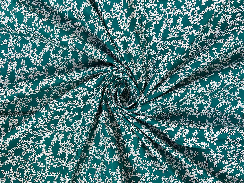 Turquoise & White Floral Printed Pure Cotton Fabric
