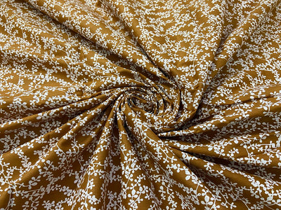 Golden Brown & White Floral Printed Pure Cotton Fabric