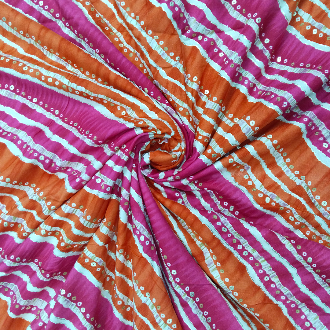 Orange & Pink Stripe Printed Rayon Fabric (Wholesale)