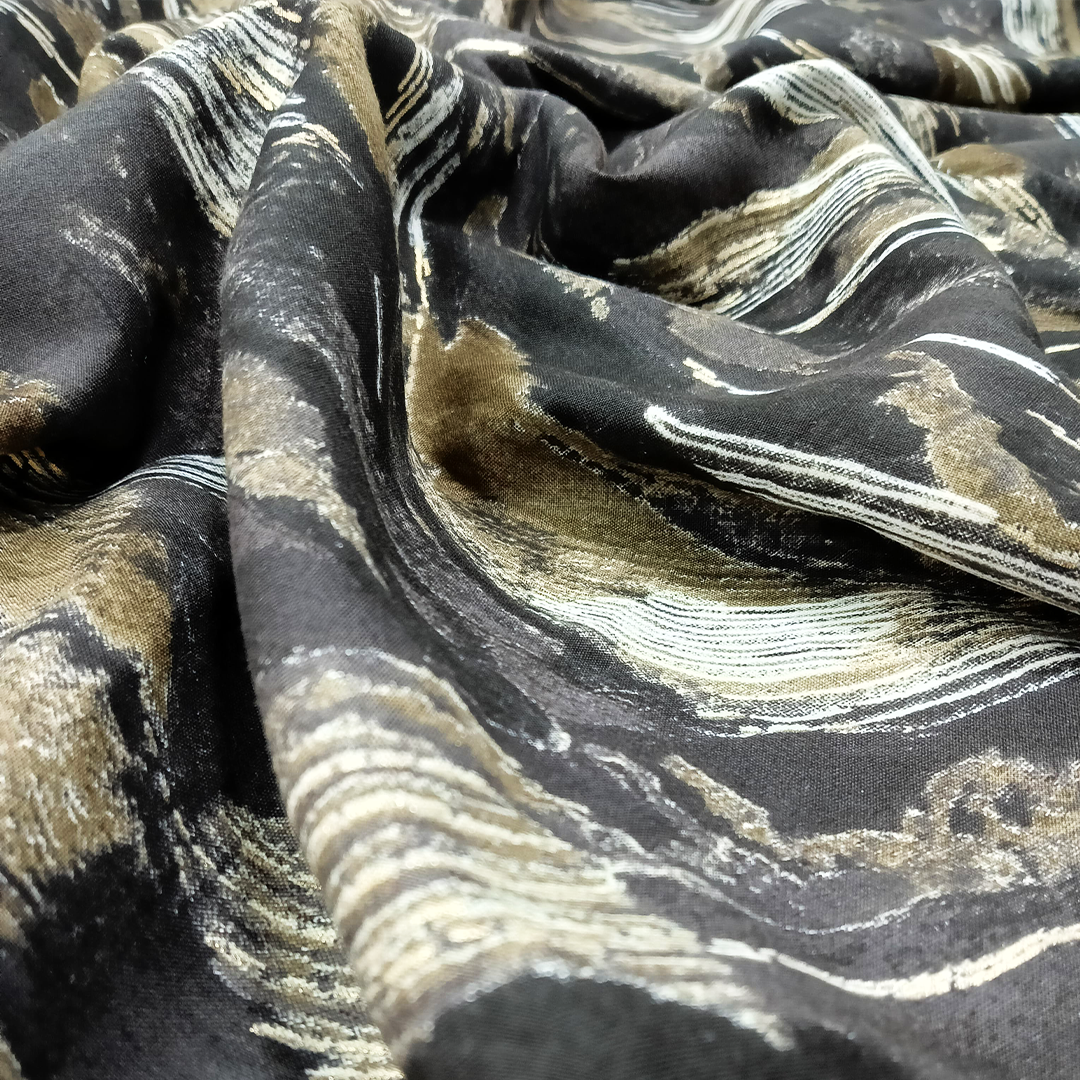 Dark Grey & Black Abstract Rayon Foil Print Fabric (Wholesale)