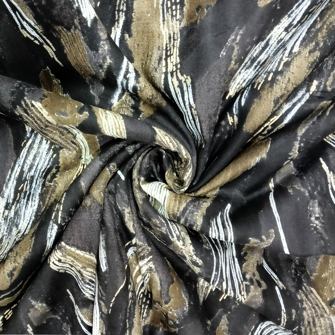 Dark Grey & Black Abstract Rayon Foil Print Fabric (Wholesale)