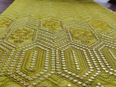 Lime Green Traditional Mirror Embroidered Chanderi Fabric