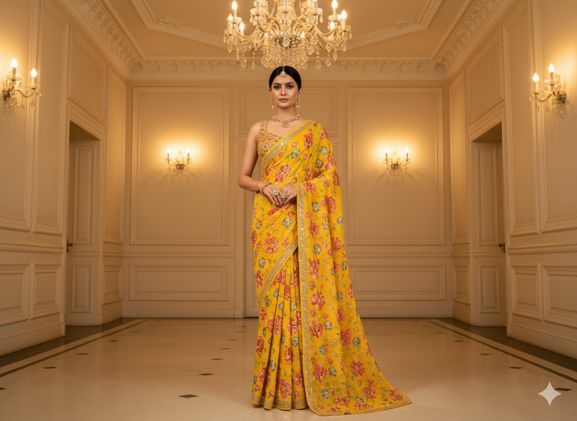 Yellow Natural Crepe With Zari Embroidered Fabric