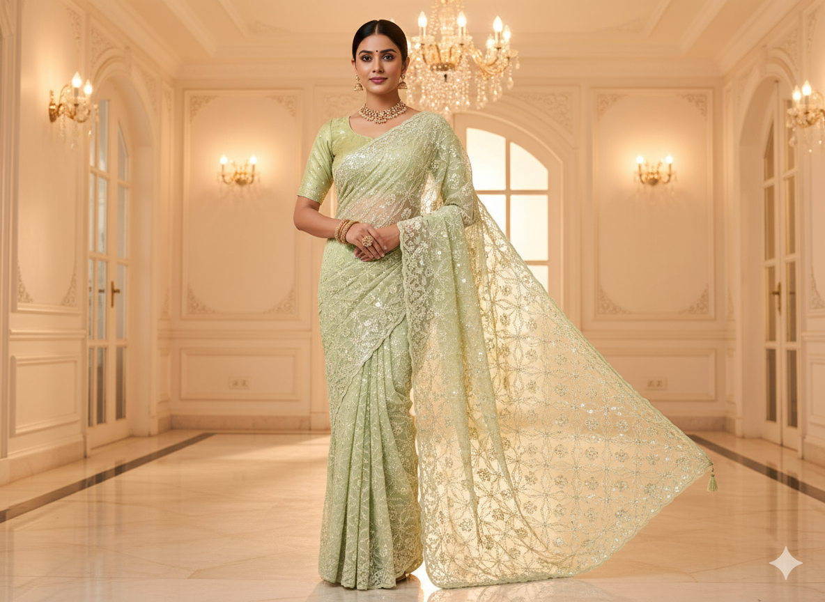 Pastel Green Viscose Georgette With Sequins Embroidered Fabric