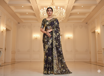 Black Dyed Viscose Georgette With Sequins Embroidered Fabric
