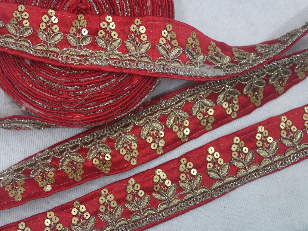 Red Embellished Sequins Trim Embroidered Borders