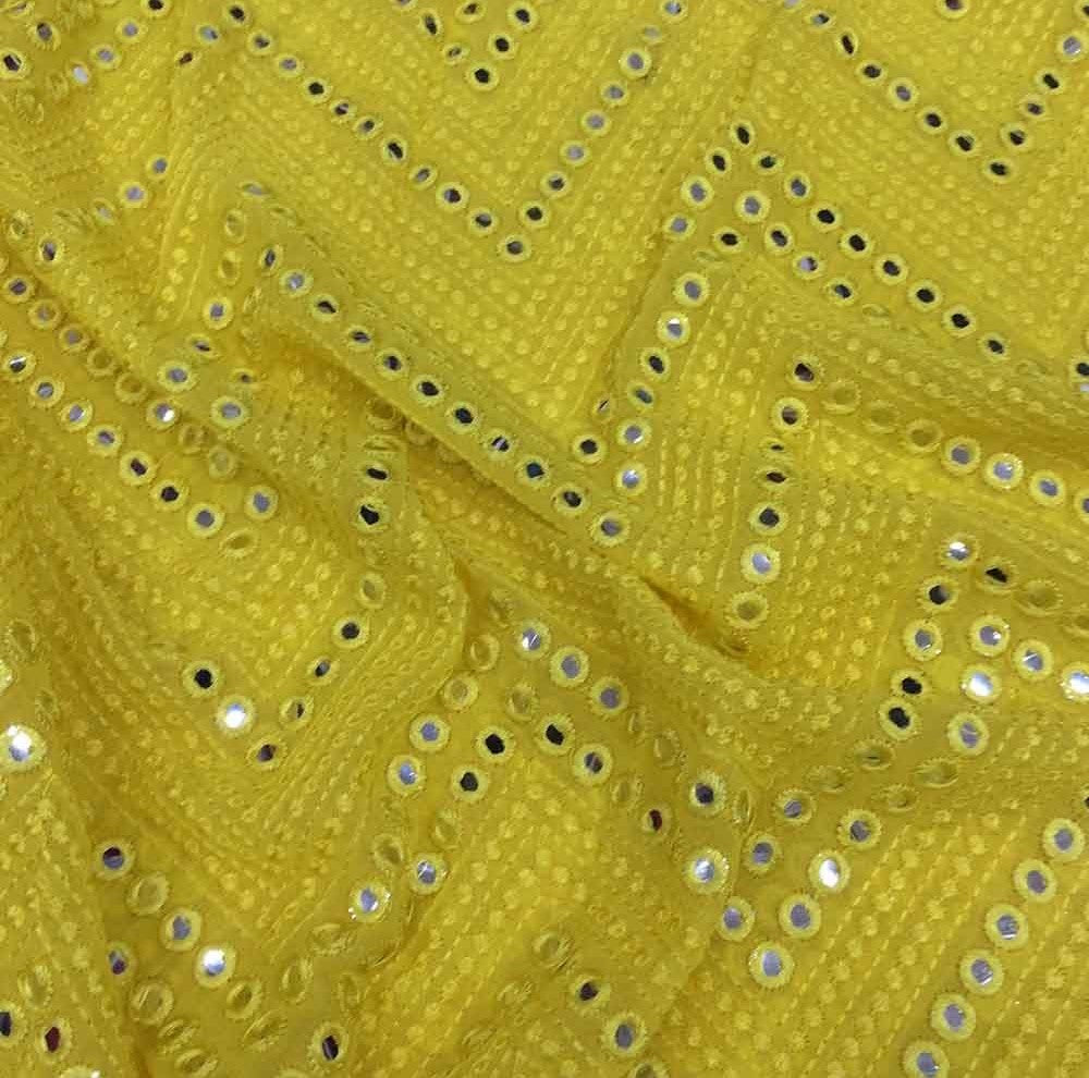 Neon Yellow Chevron Mirror Embroidered Dyeable Viscose Georgette Fabric (Wholesale)