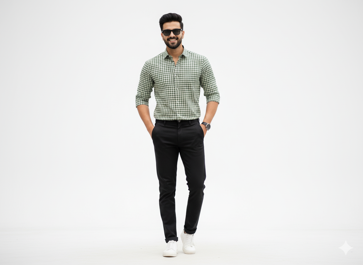 Dark Green Checks Yarns Dyed Pure Cotton Fabric