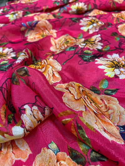Pink Floral Pure Viscose Chinnon Chiffon Fabric (Wholesale)