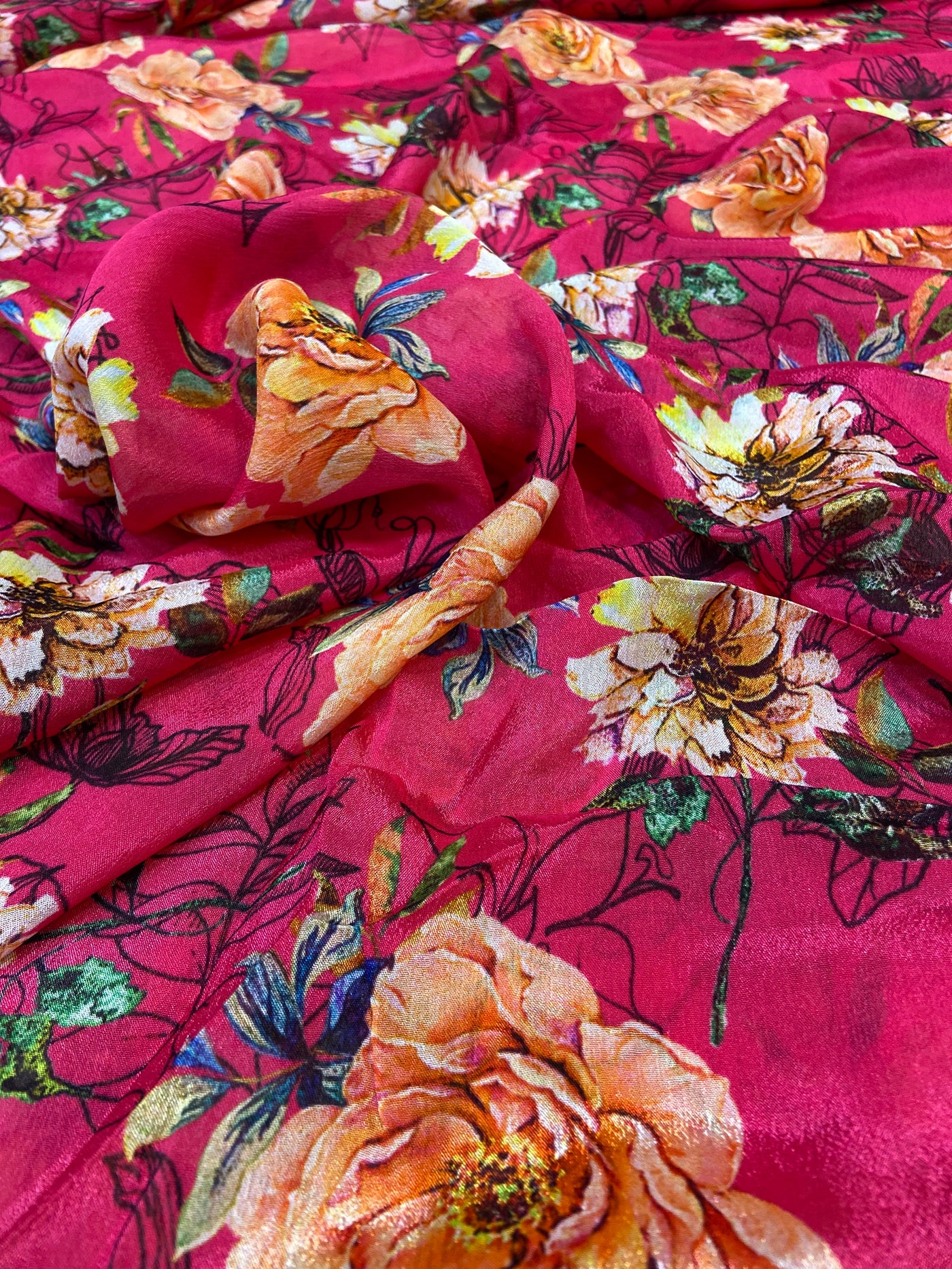 Pink Floral Pure Viscose Chinnon Chiffon Fabric (Wholesale)