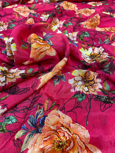 Pink Floral Pure Viscose Chinnon Chiffon Fabric (Wholesale)