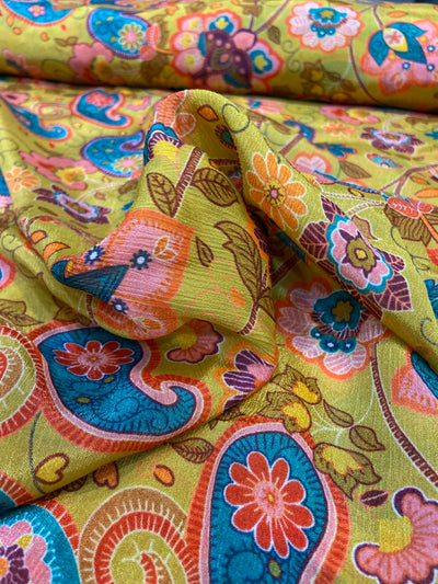 Yellow Floral Pure Viscose Chinnon Chiffon Fabric (Wholesale)