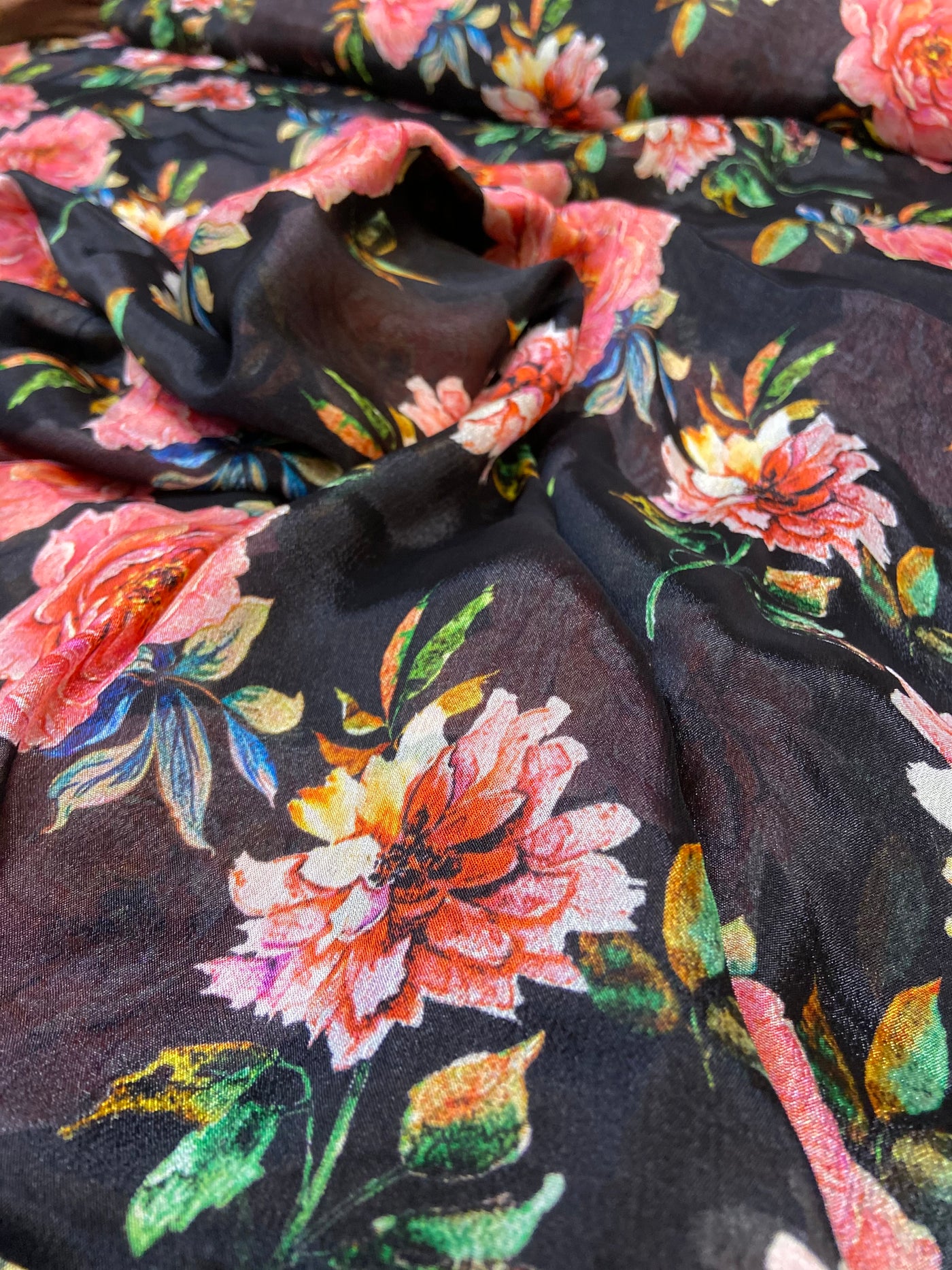 Black Floral Pure Viscose Chinnon Chiffon Fabric (Wholesale)