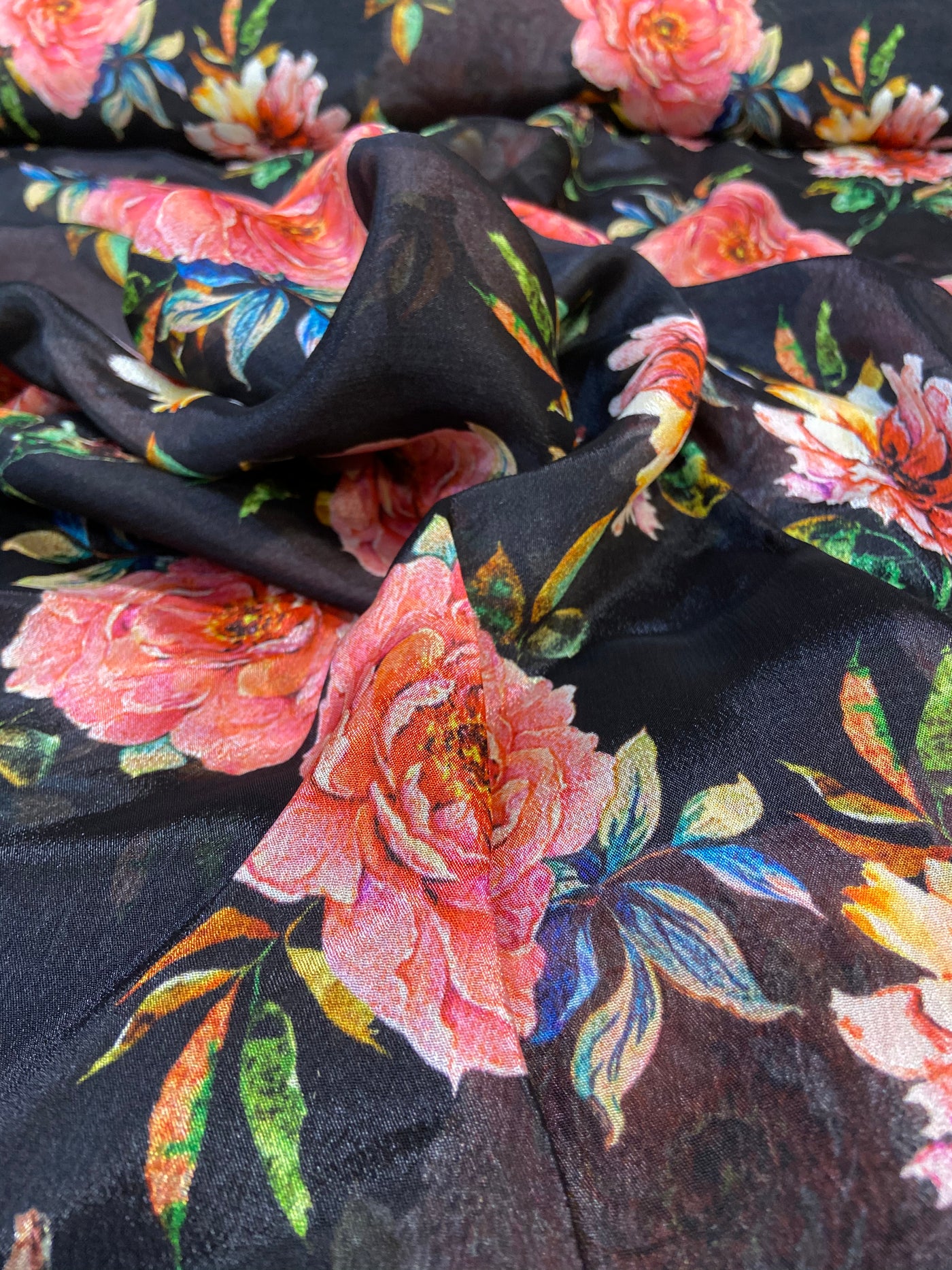 Black Floral Pure Viscose Chinnon Chiffon Fabric (Wholesale)