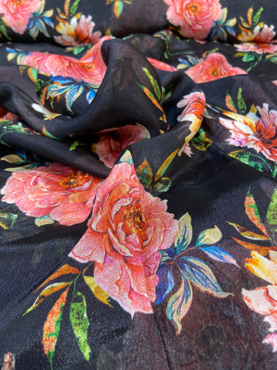 Black Floral Pure Viscose Chinnon Chiffon Fabric (Wholesale)