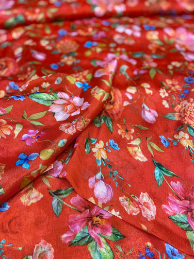 Red Floral Pure Viscose Chinnon Chiffon Fabric (Wholesale)