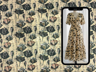 Olive Yellow Lotus Print With Embroidered Hakoba Cotton Fabric